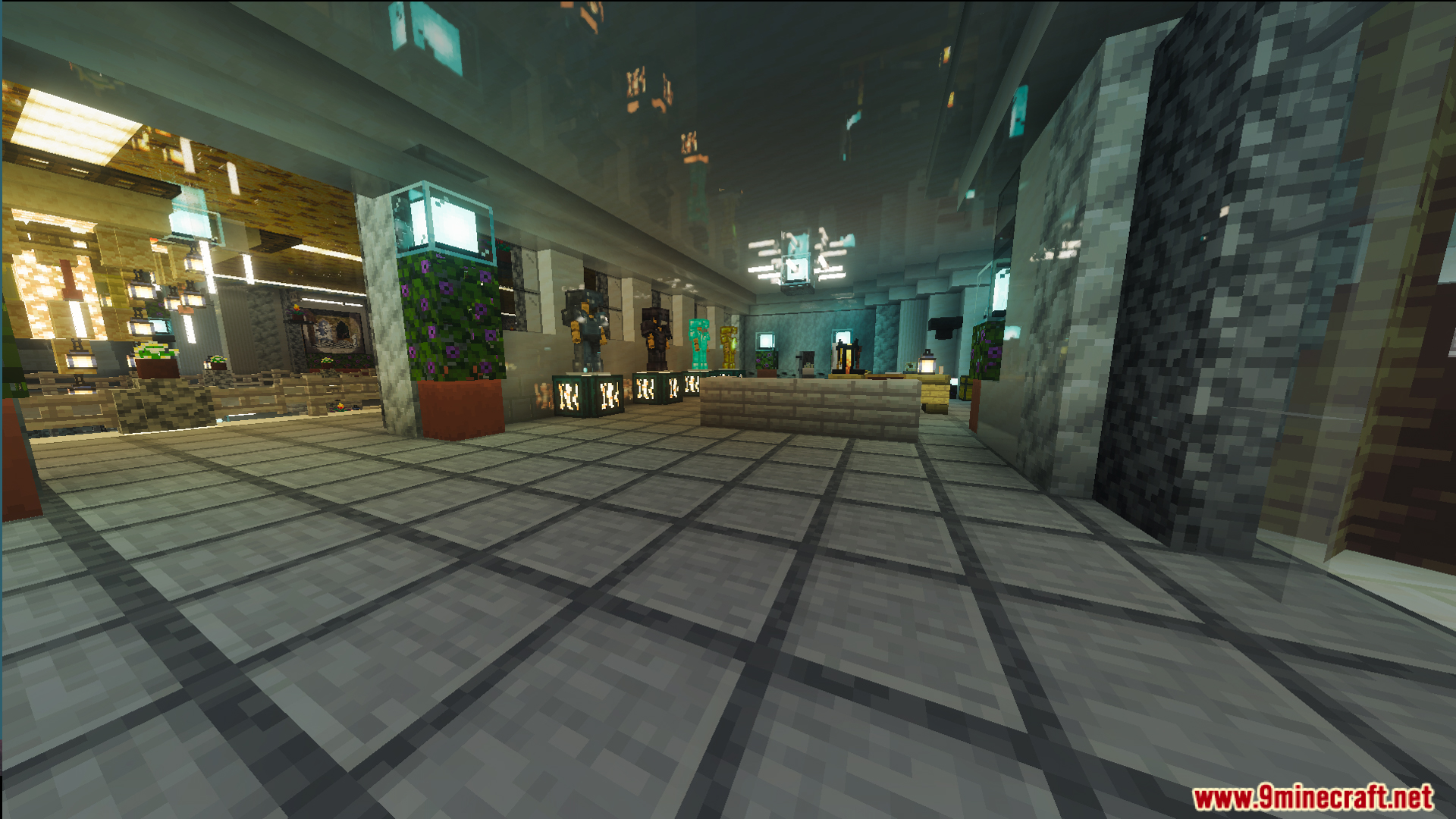 Survival Victorian Mansion Map features a hallway with armor stands and polished floors