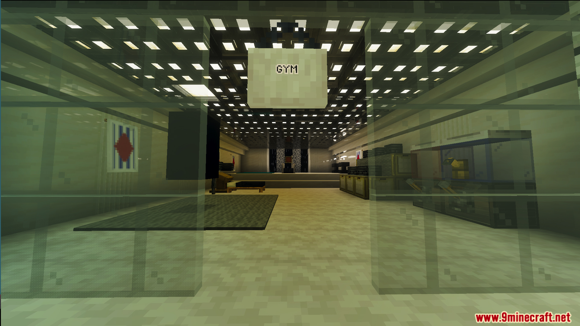 Interior view of a gym room with glass walls and a checkered ceiling