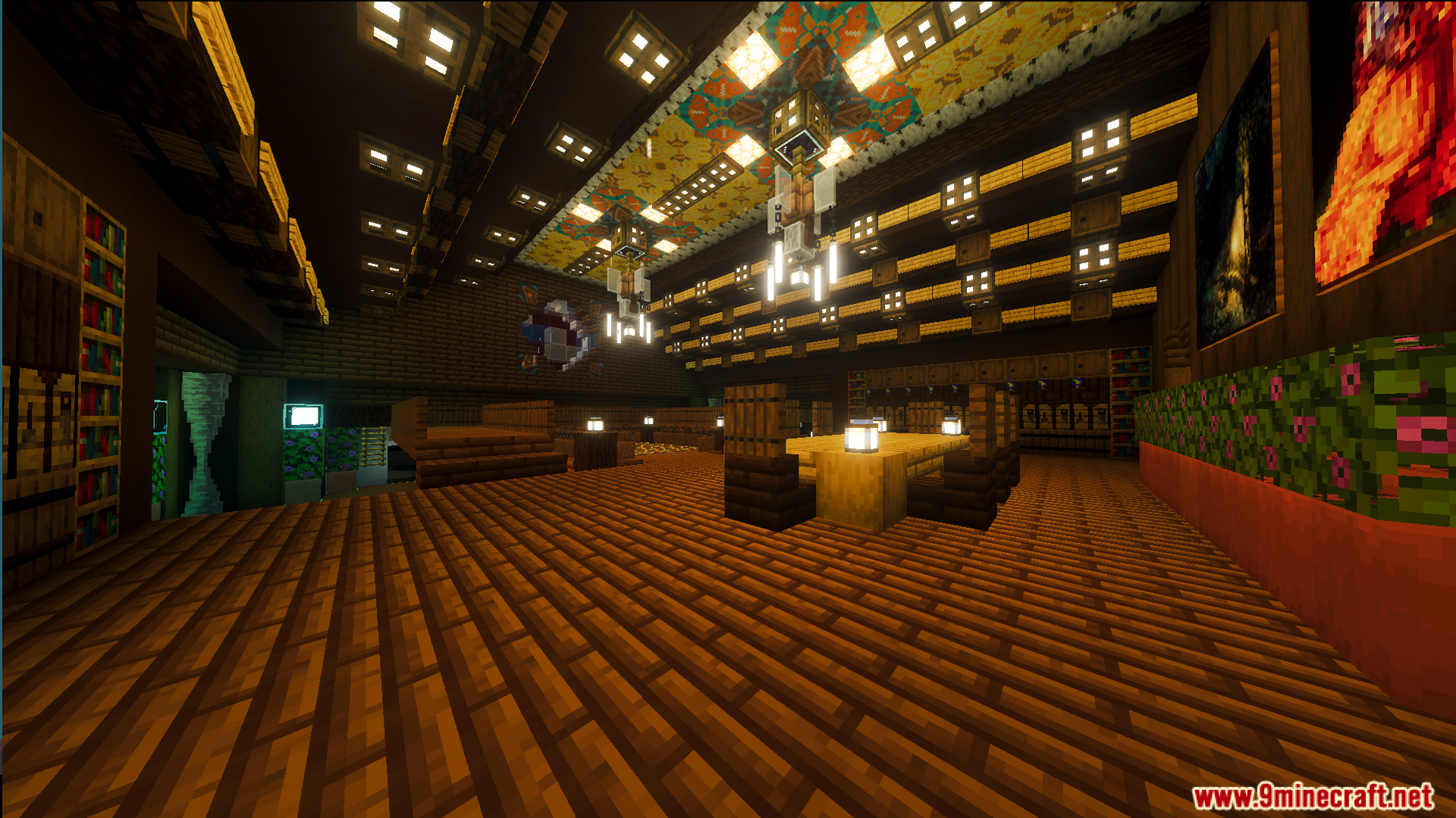 Grand ballroom with chandeliers and wooden floors inside the Victorian mansion