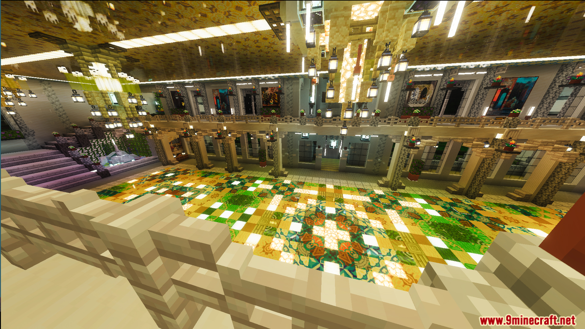 Grand ballroom with a colorful patterned floor and many elegant hanging chandeliers