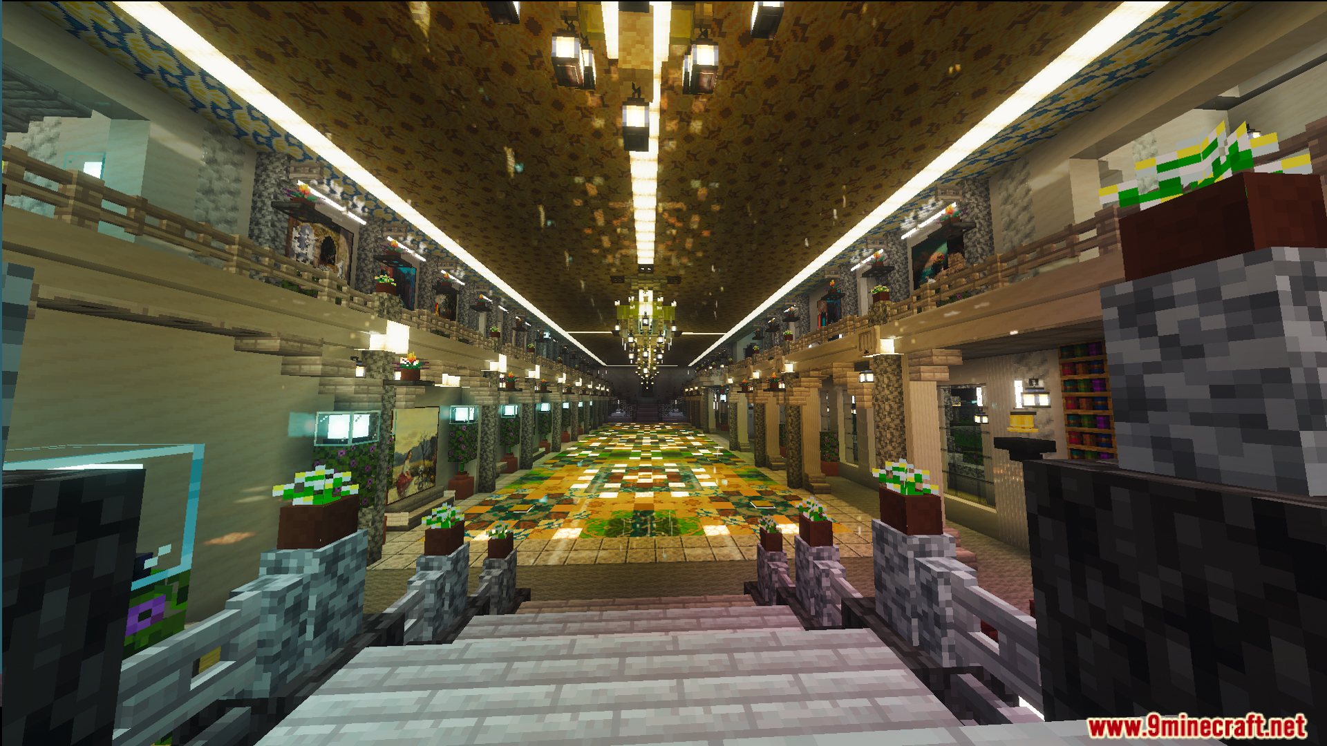 Grand ballroom with high ceilings and chandeliers inside Survival Victorian Mansion Map