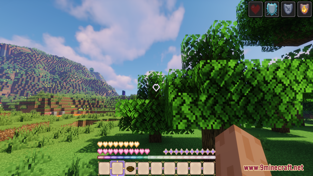 Sweet Sweet HUD Resource Pack Screenshot 1 Minecraft landscape with a custom pastel interface featuring pink hearts and crystal stars