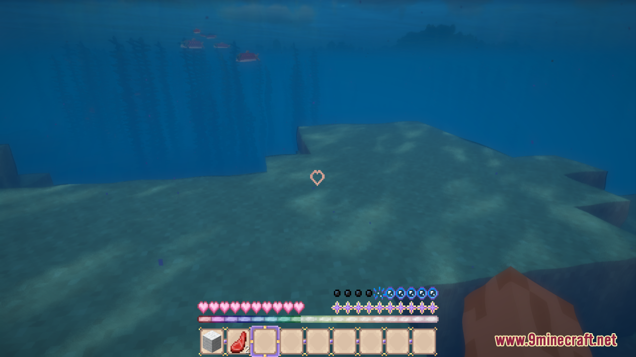 Sweet Sweet HUD Resource Pack Screenshot 10 Underwater scene with custom pink heart health and purple crystal star bars