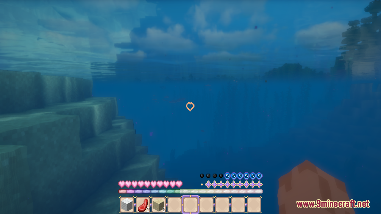 Sweet Sweet HUD Resource Pack Screenshot 11 Underwater view showing the Sweet Sweet HUD with pink hearts and crystal stars