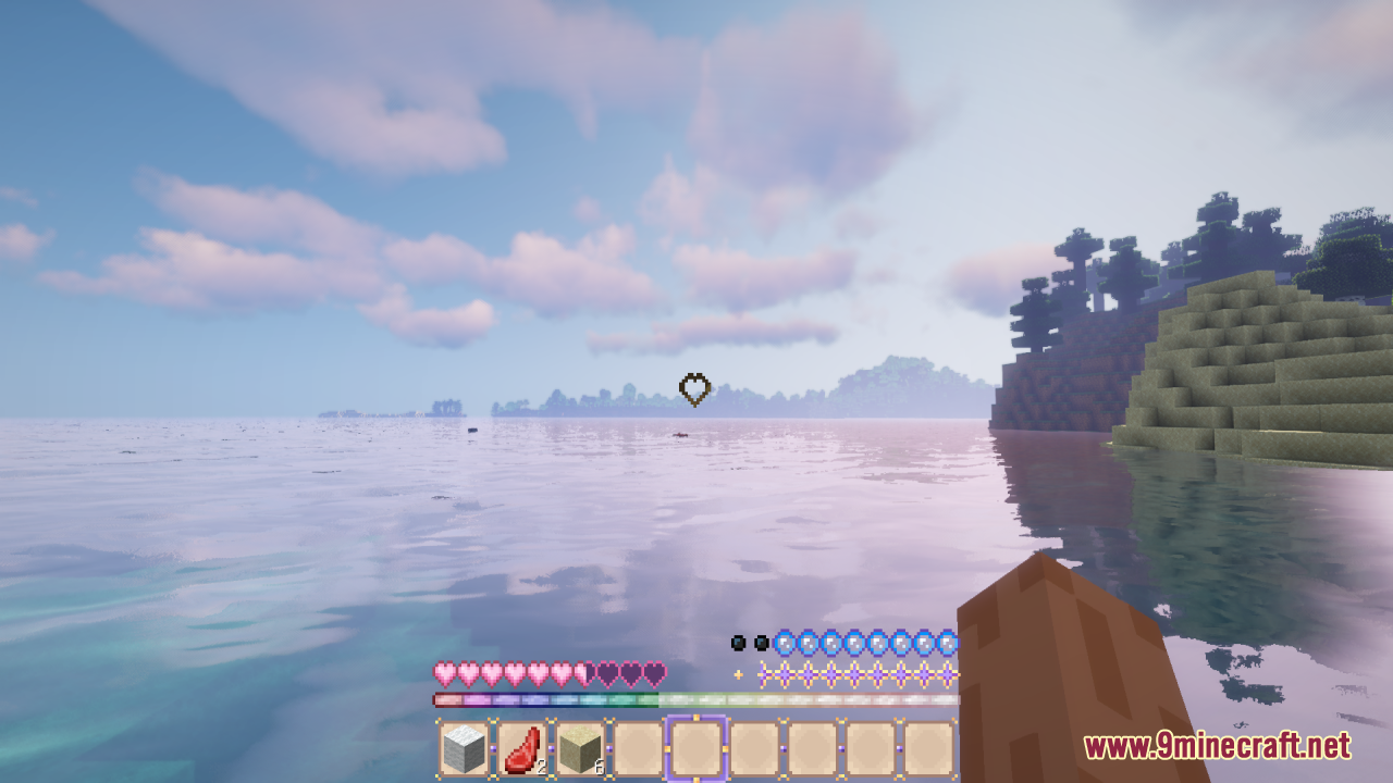 Sweet Sweet HUD Resource Pack Screenshot 12 Scenic ocean view with a custom HUD featuring pink hearts and rainbow bar