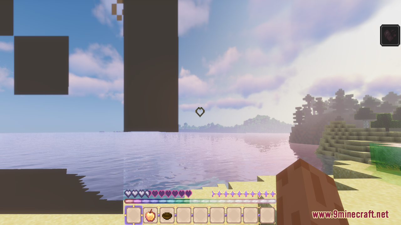 Sweet Sweet HUD Resource Pack Screenshot 14 A scenic Minecraft beach view with custom crystal stars and paper hotbar