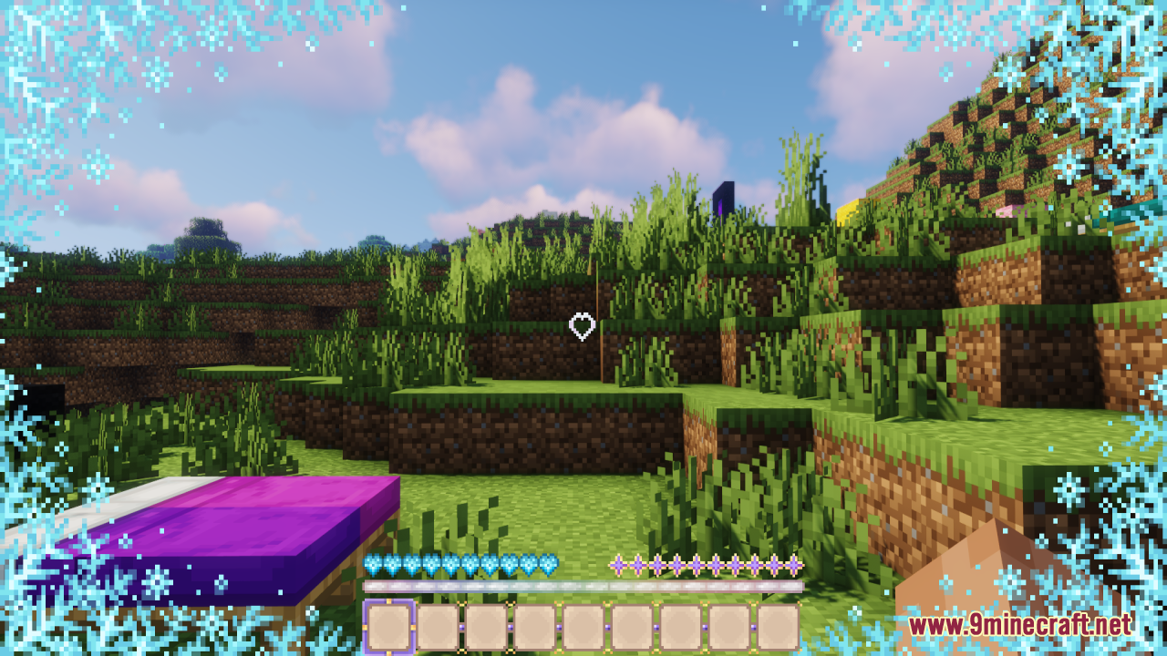 Sweet Sweet HUD Resource Pack Screenshot 2 Purple bed placed on grass with a blue snowflake border around the screen