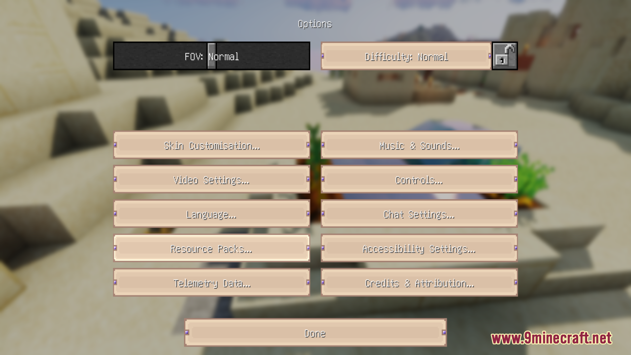 Sweet Sweet HUD Resource Pack Screenshot 3 The Minecraft options menu features a custom pastel paper interface with purple crystals
