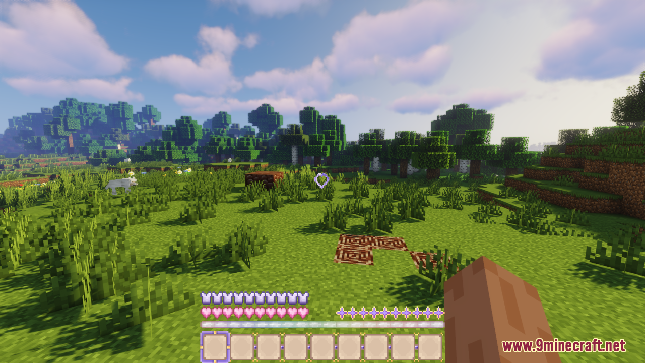 Sweet Sweet HUD Resource Pack Screenshot 5 Sweet Sweet HUD Resource Pack featuring pink hearts and purple stars in Minecraft