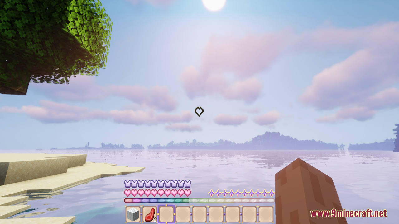 Sweet Sweet HUD Resource Pack Screenshot 7 Player looking at the ocean with a heart crosshair and pink health bar