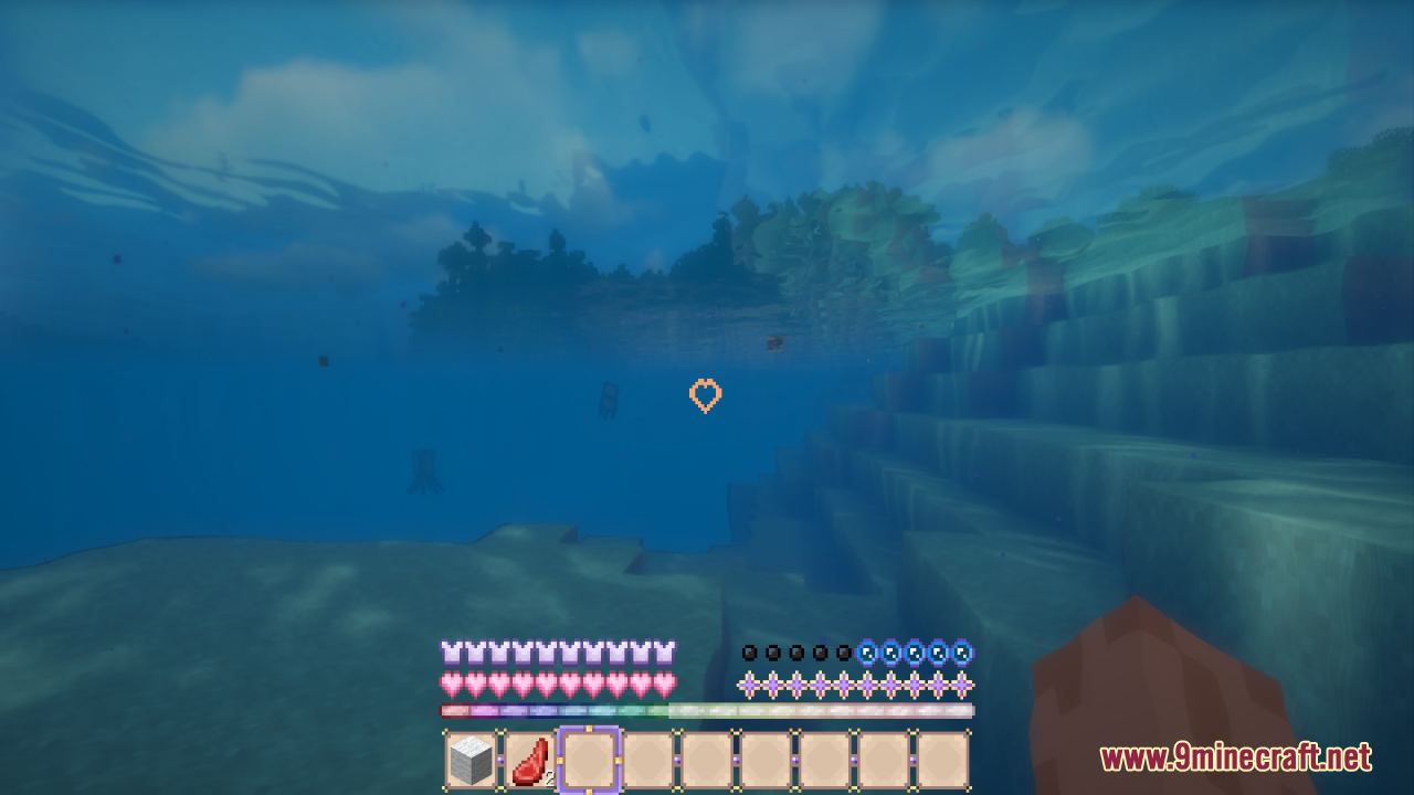 Sweet Sweet HUD Resource Pack Screenshot 8 Underwater view showing the custom bubble icons and pastel pink health hearts