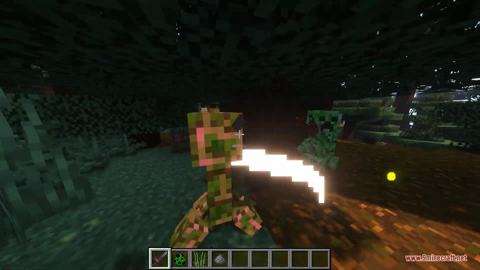 Attacking a creeper with a sword through tall grass in Minecraft