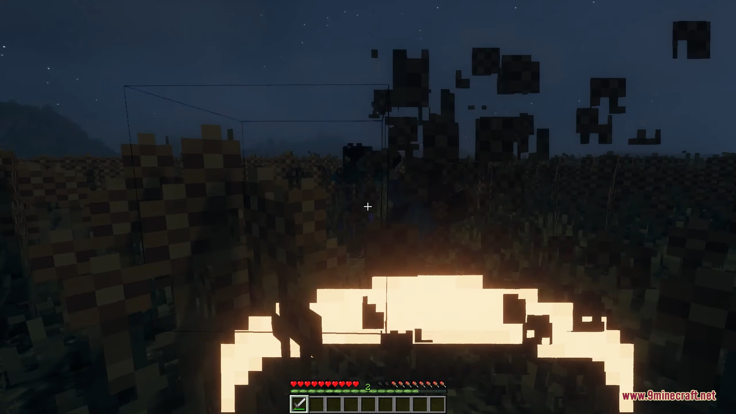 The player attacks through grass at night with a bright sword swing animation