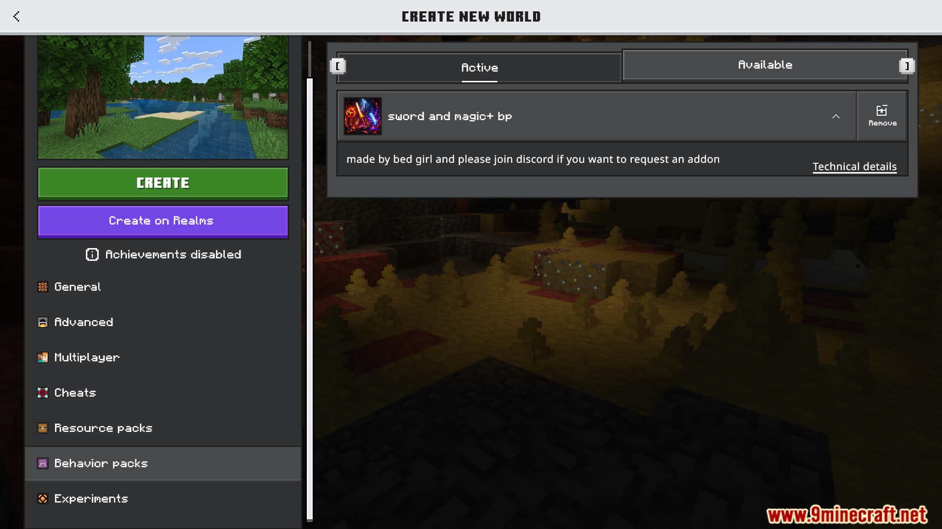 Minecraft world creation screen with the Sword And Magic behavior pack active