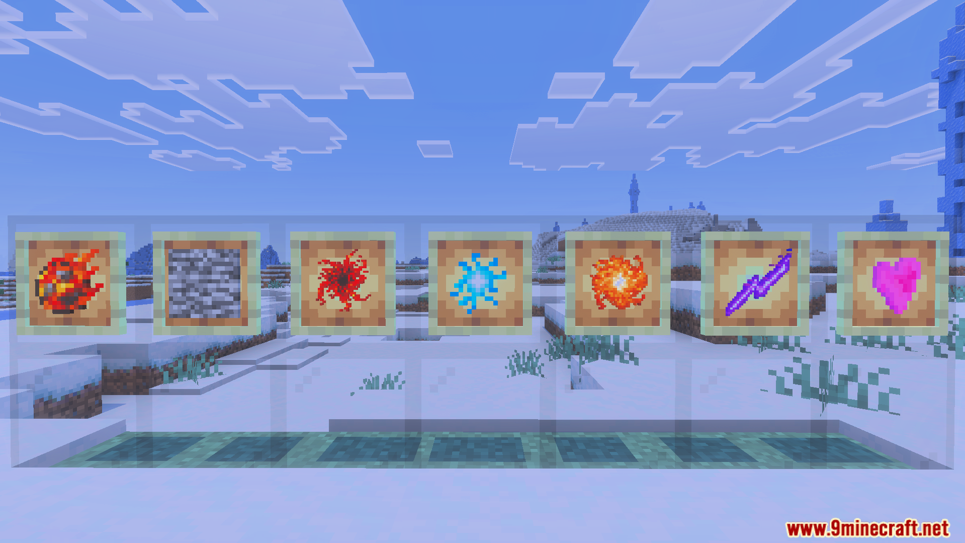 Seven magic spells including fireball and lightning displayed in item frames on glass