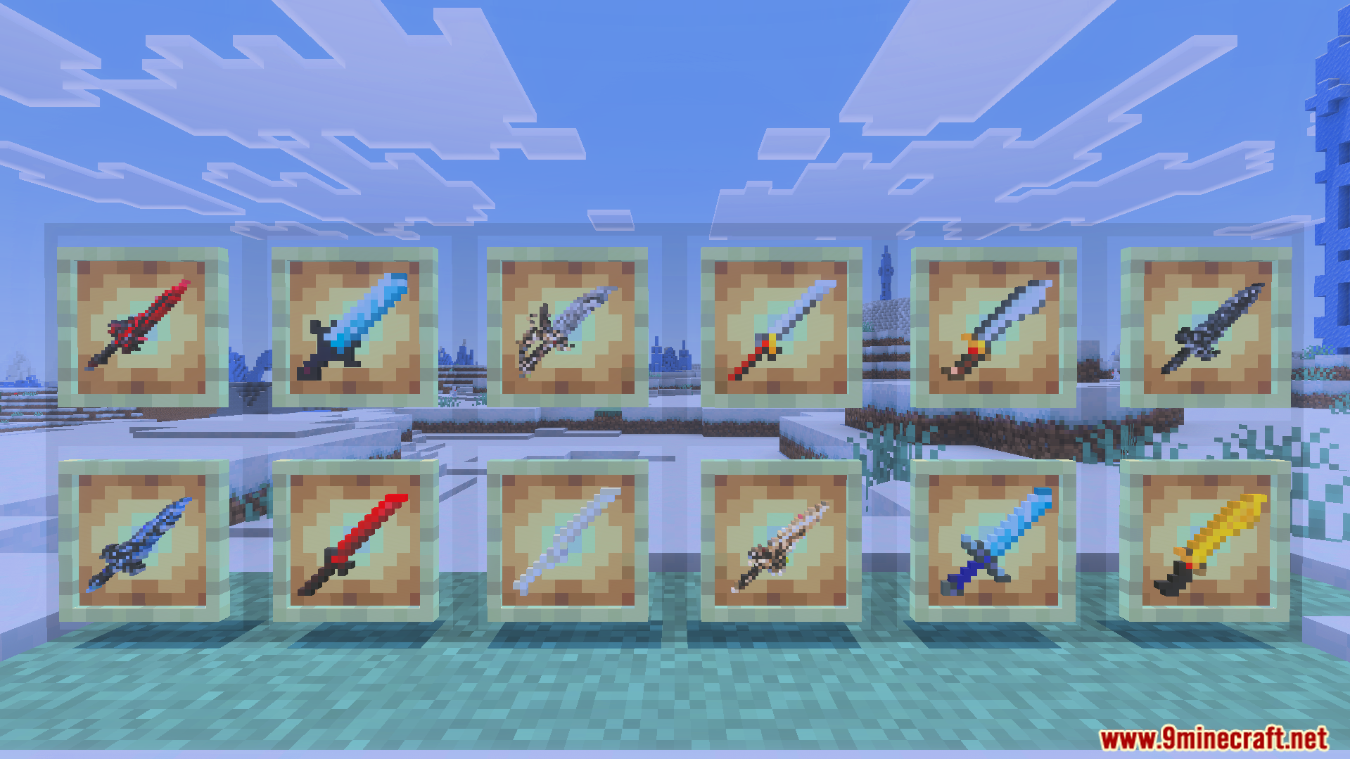 Twelve unique swords from Sword And Magic Addon displayed in item frames