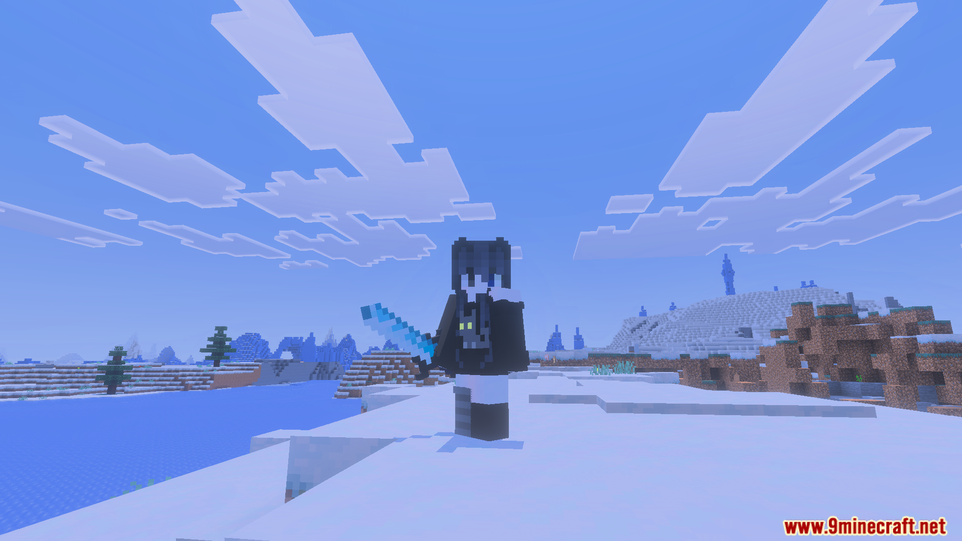 Player character holding a light blue magical sword in a snowy biome