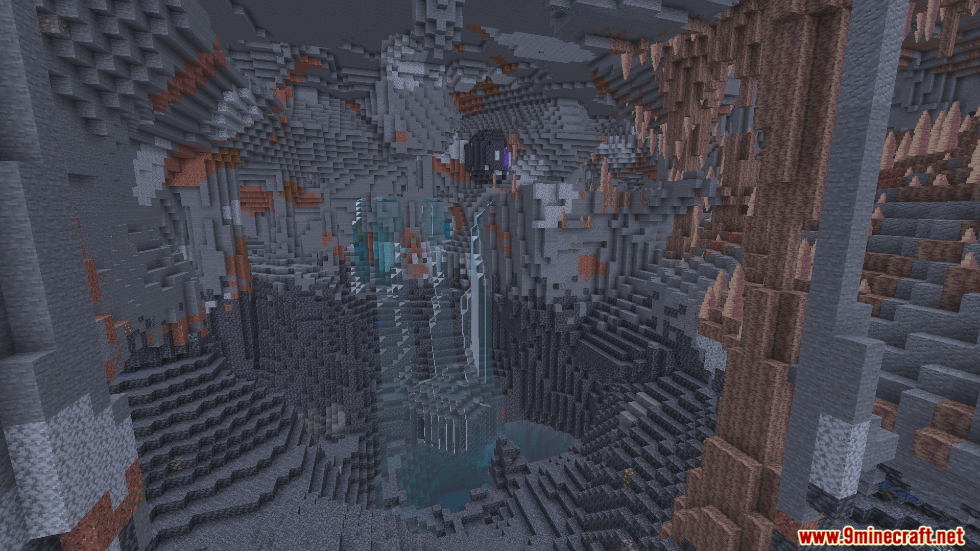A massive deep cave system illuminated clearly without using any torches