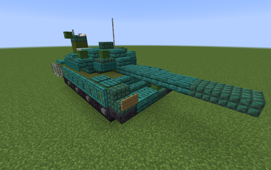 A teal Minecraft tank build from the T 90A Schematic project