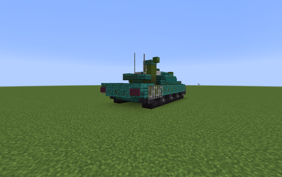 Rear view of the teal Minecraft tank showing the engine and tracks