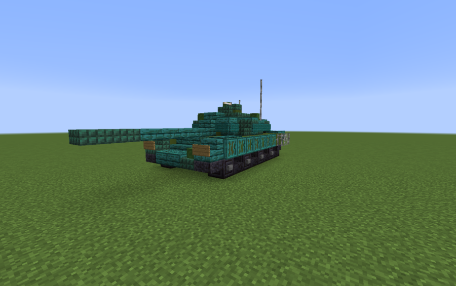 A detailed T-90A main battle tank built with prismarine blocks in Minecraft