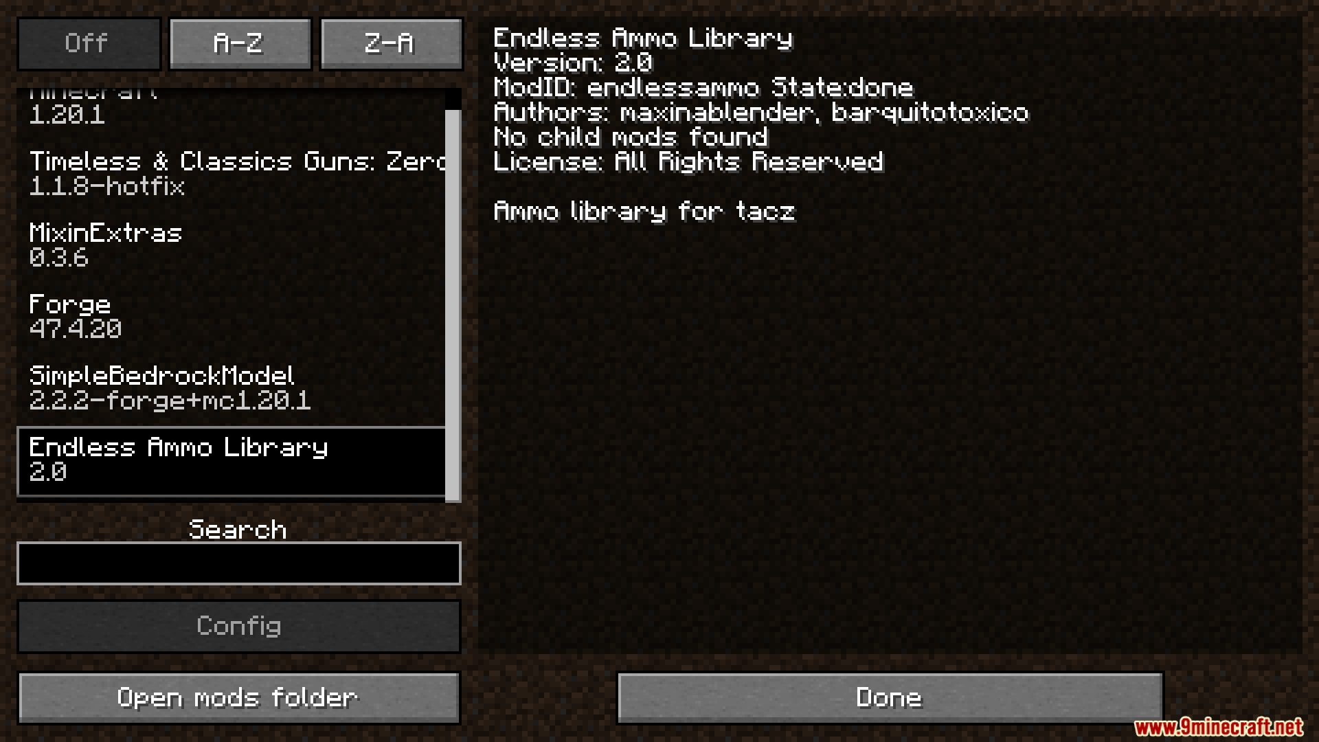 TACZ Endless Ammo Mod Screenshot 1 Minecraft mod menu displaying version information for the Endless Ammo Library