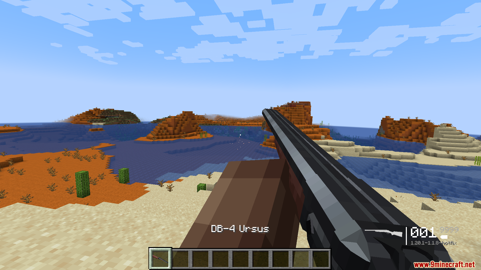 TACZ Endless Ammo Mod Screenshot 11 A player holding a powerful double barrel shotgun in a desert biome