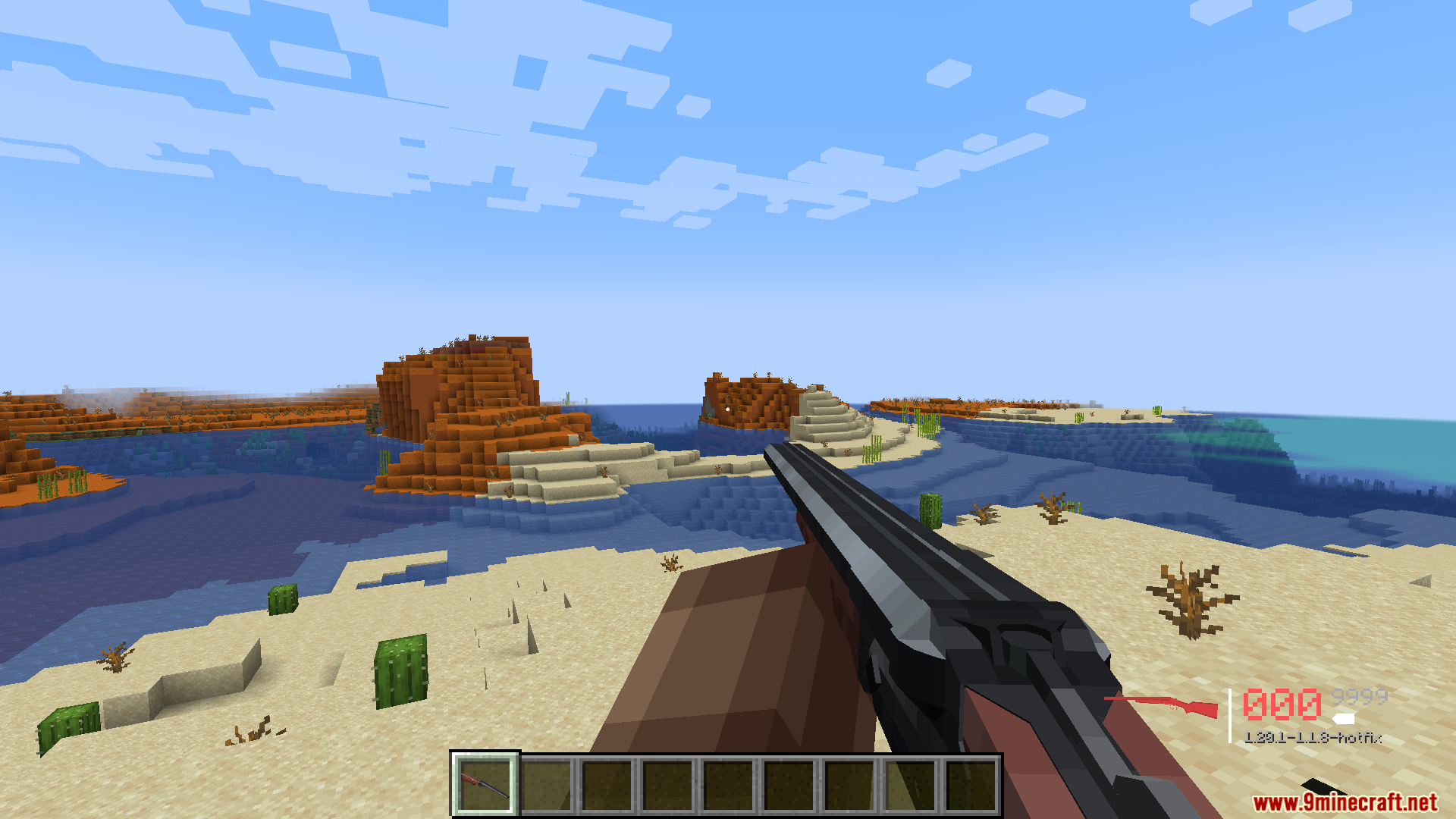 TACZ Endless Ammo Mod Screenshot 12 A player holding an empty shotgun with a red ammo counter display