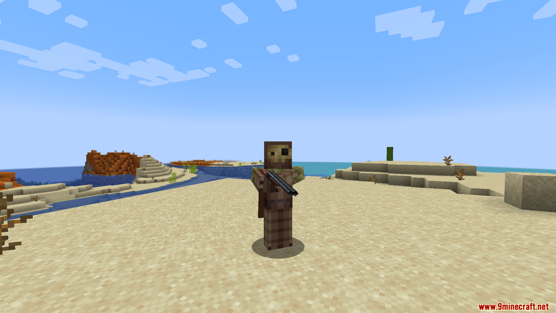 TACZ Endless Ammo Mod Screenshot 14 Minecraft character standing in a desert biome while holding a realistic shotgun