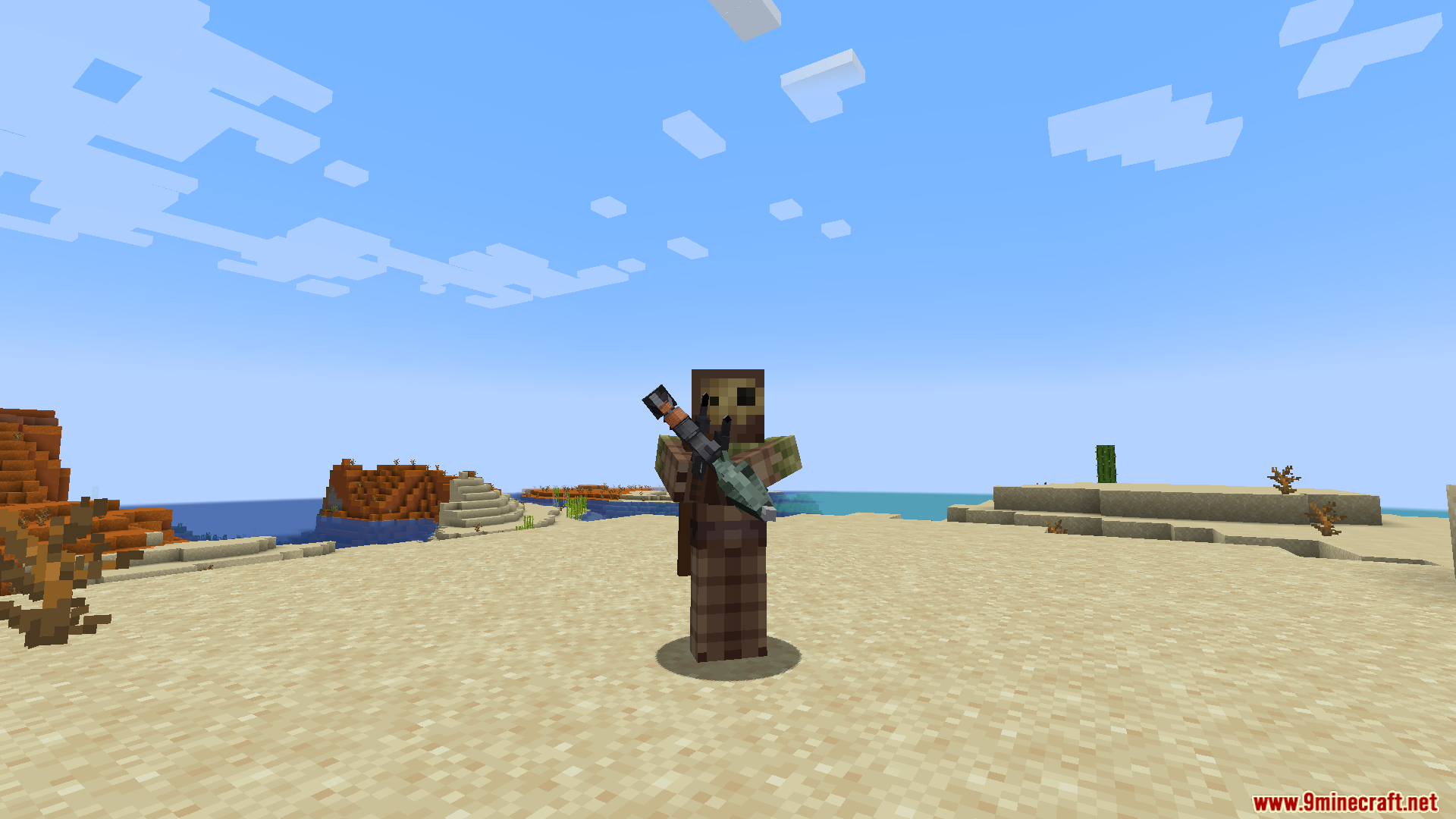 TACZ Endless Ammo Mod Screenshot 15 A Minecraft character stands in a desert holding a powerful rocket launcher weapon