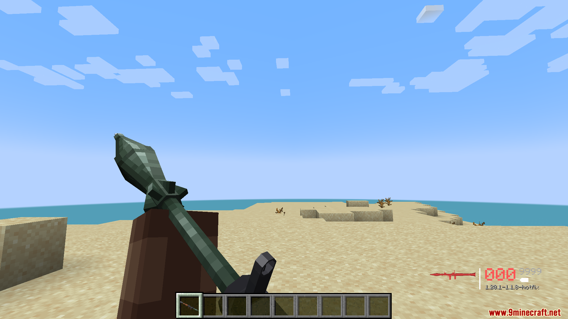 TACZ Endless Ammo Mod Screenshot 16 First person perspective of a player aiming a rocket launcher in the desert