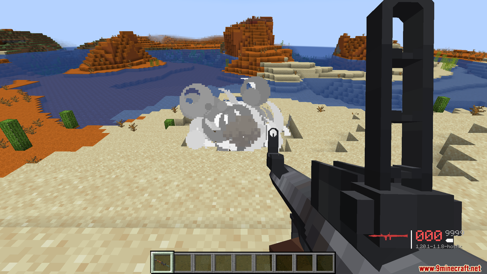 TACZ Endless Ammo Mod Screenshot 17 A player fires a powerful gun causing a large explosion on the beach