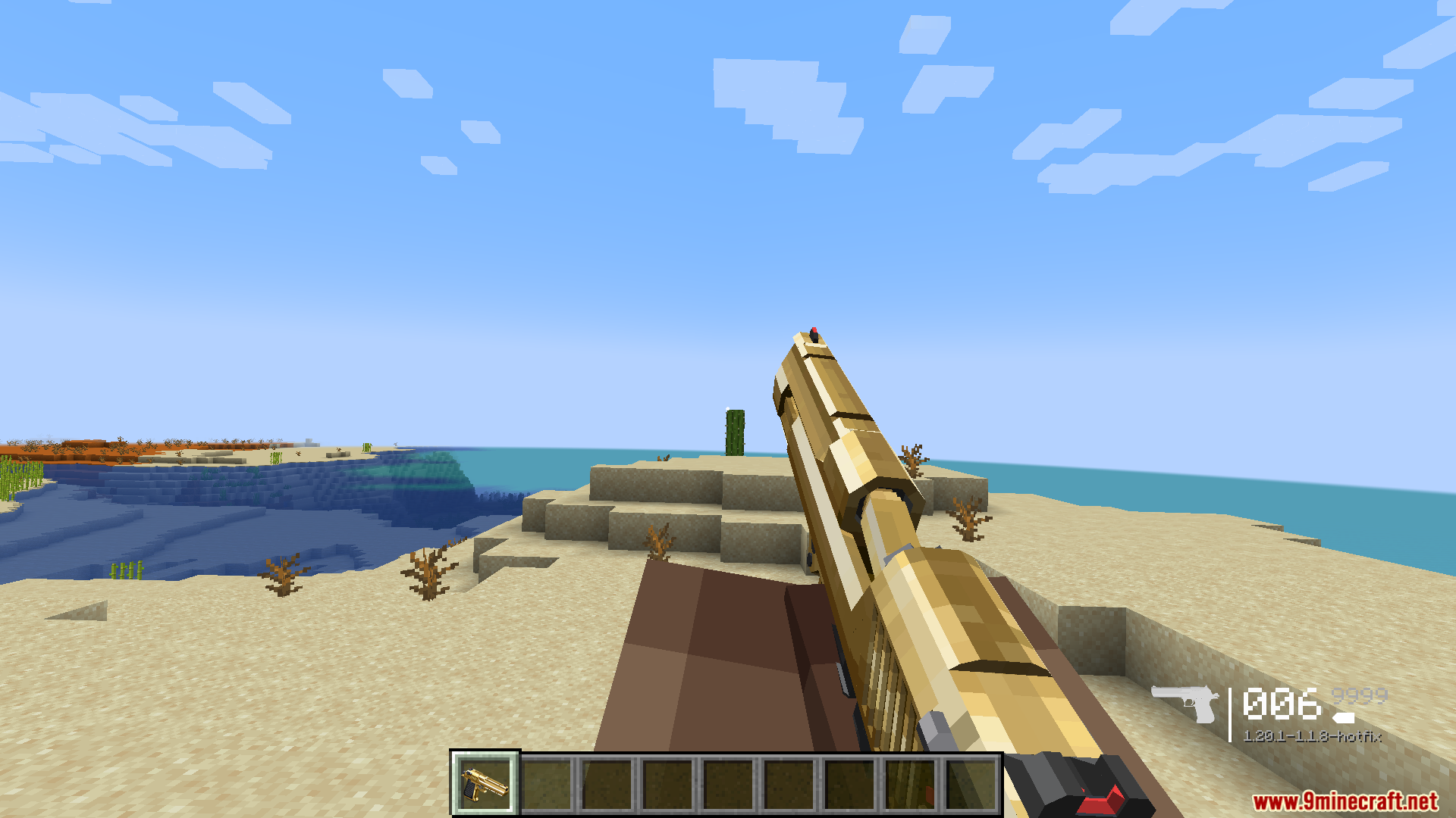 TACZ Endless Ammo Mod Screenshot 3 A first person view of a golden handgun in a Minecraft desert