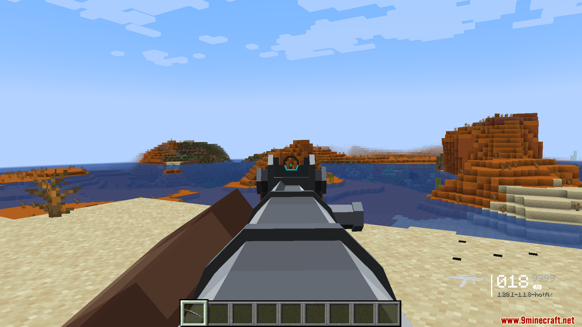 TACZ Endless Ammo Mod Screenshot 5 Player aiming down the sights of a gun in a desert biome
