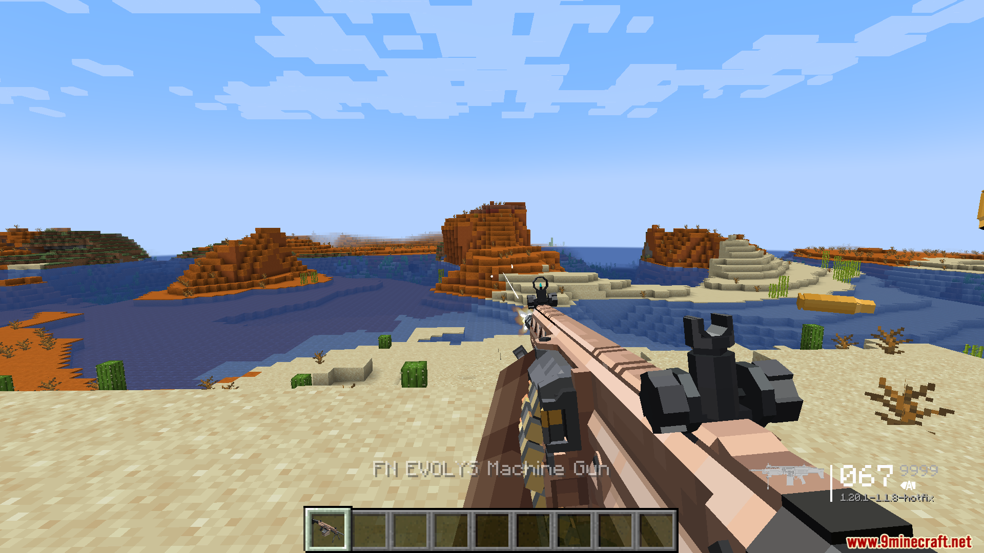 TACZ Endless Ammo Mod Screenshot 6 Player firing an FN EVOLYS machine gun in a desert Minecraft world