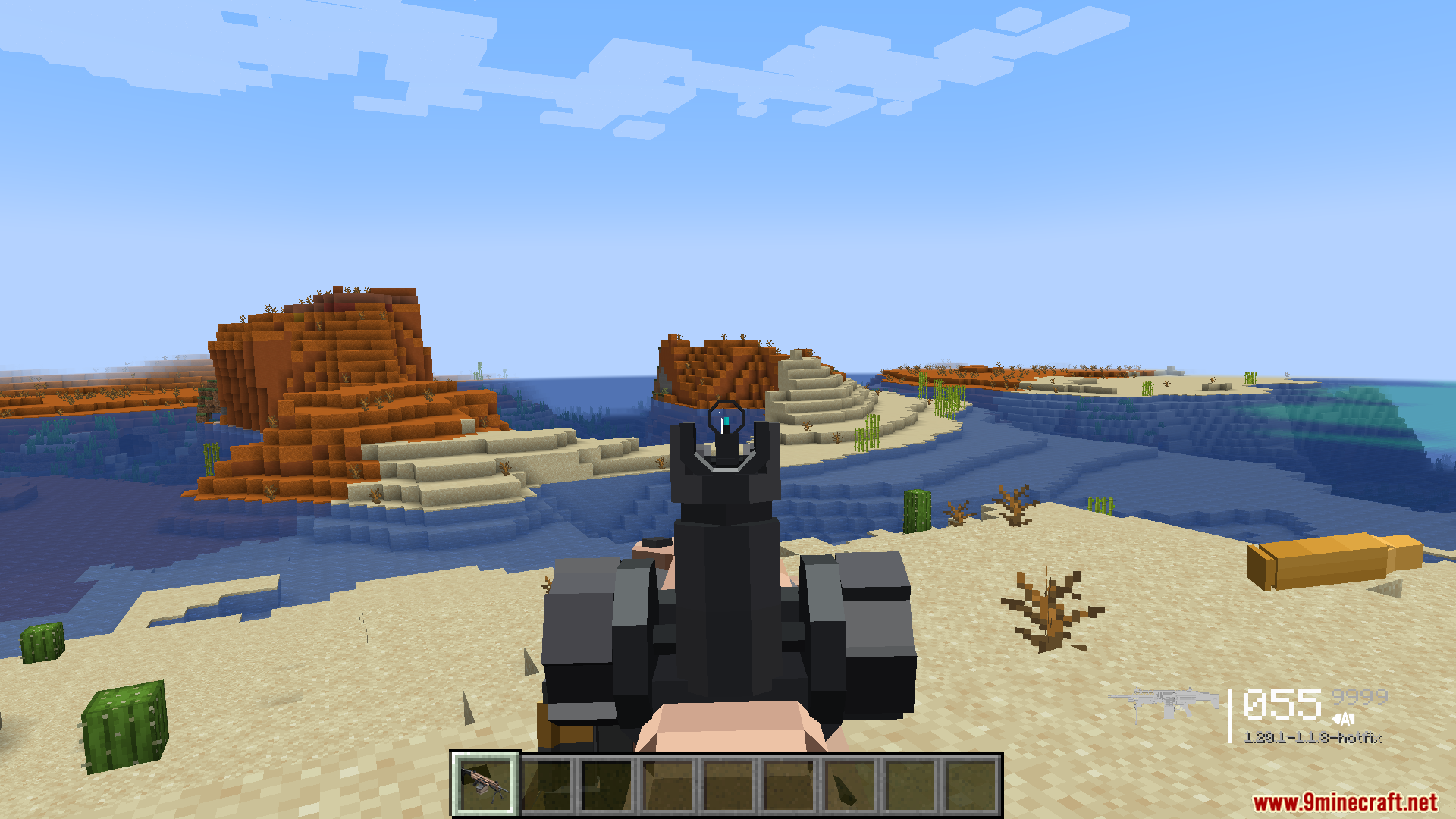 TACZ Endless Ammo Mod Screenshot 7 Player aiming down the sights of a firearm in a desert biome