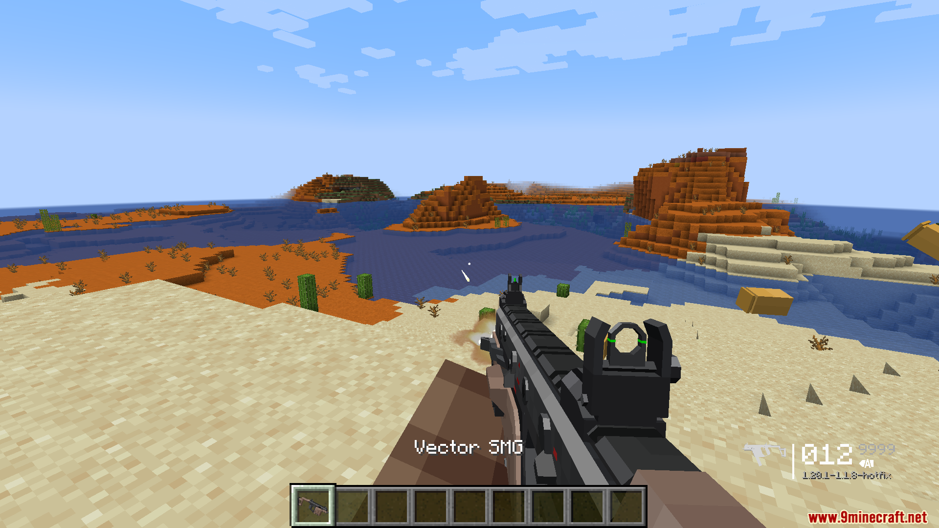 TACZ Endless Ammo Mod Screenshot 8 Player firing a Vector SMG in a desert biome with custom HUD