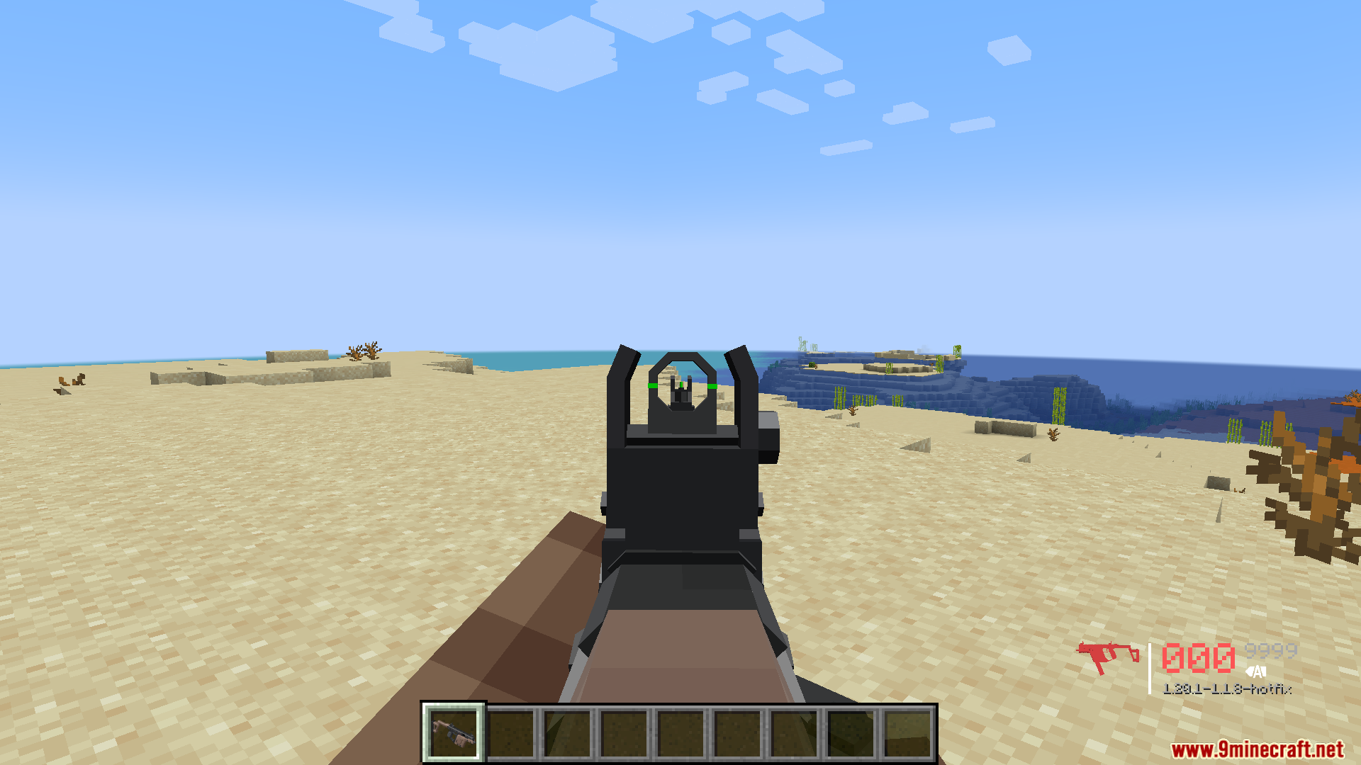 TACZ Endless Ammo Mod Screenshot 9 A player aims down the iron sights of a rifle in a desert