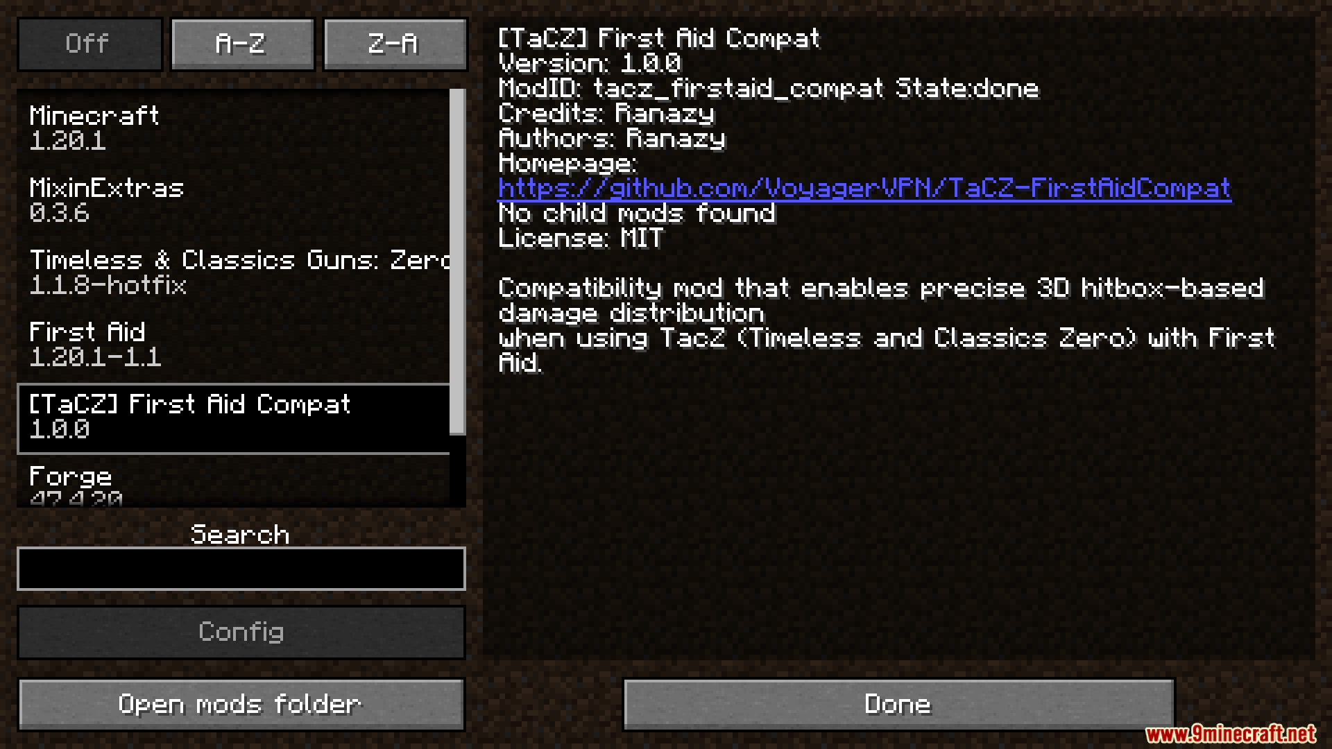 TACZ First Aid Compat Mod Screenshot 1 Minecraft mod menu showing compatibility between gun and health systems