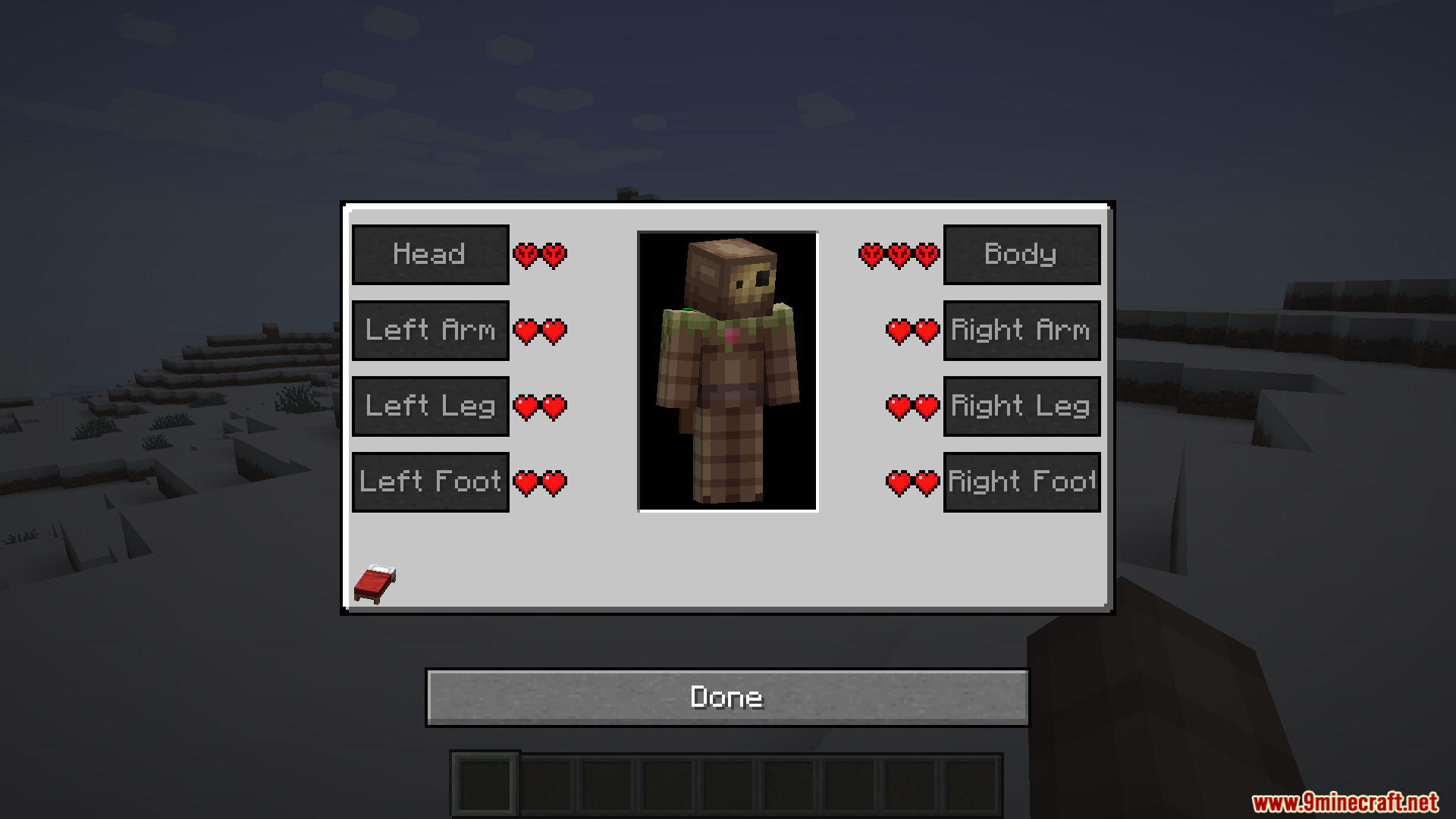 TACZ First Aid Compat Mod Screenshot 2 Health interface displaying damage levels for different body parts in Minecraft