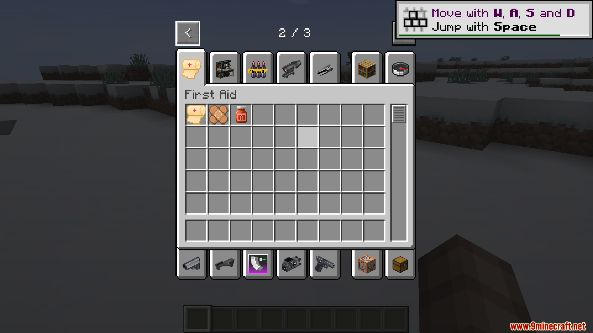 TACZ First Aid Compat Mod Screenshot 3 Minecraft inventory menu displaying first aid supplies and various firearm components
