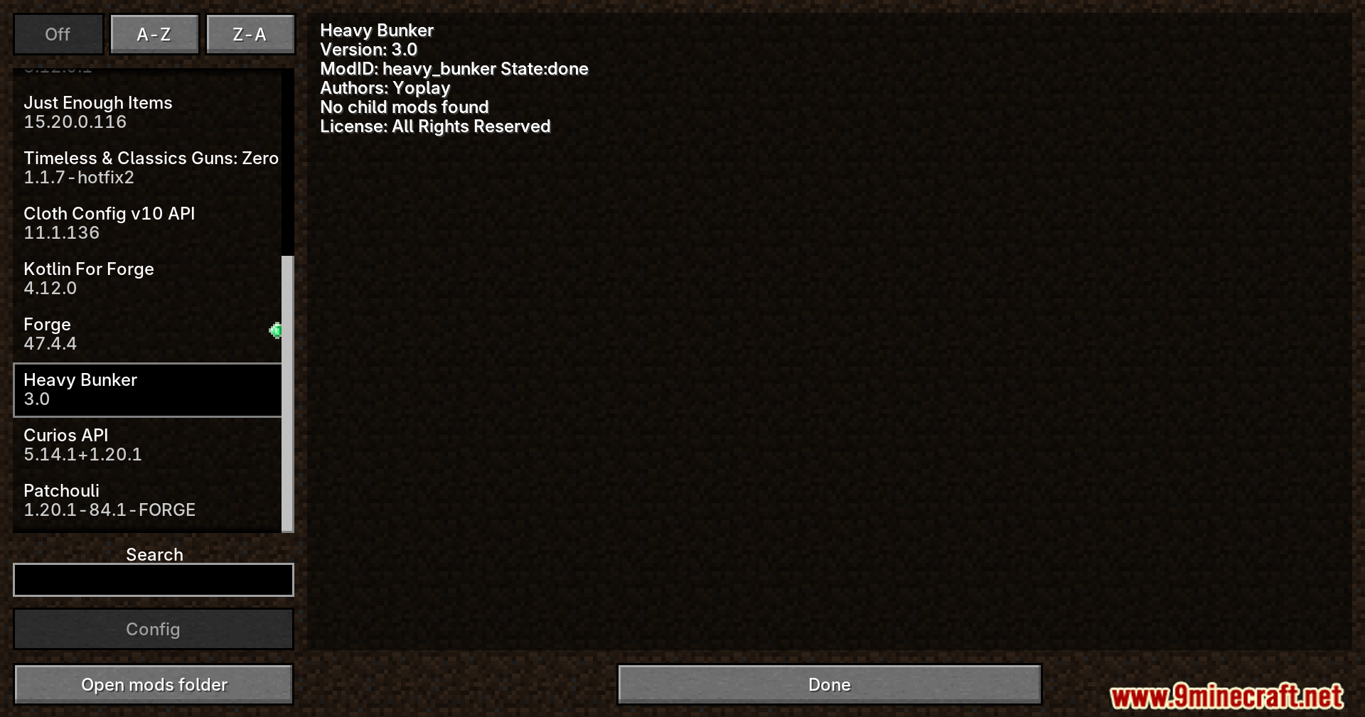 Minecraft game menu showing the Heavy Bunker mod details and version information