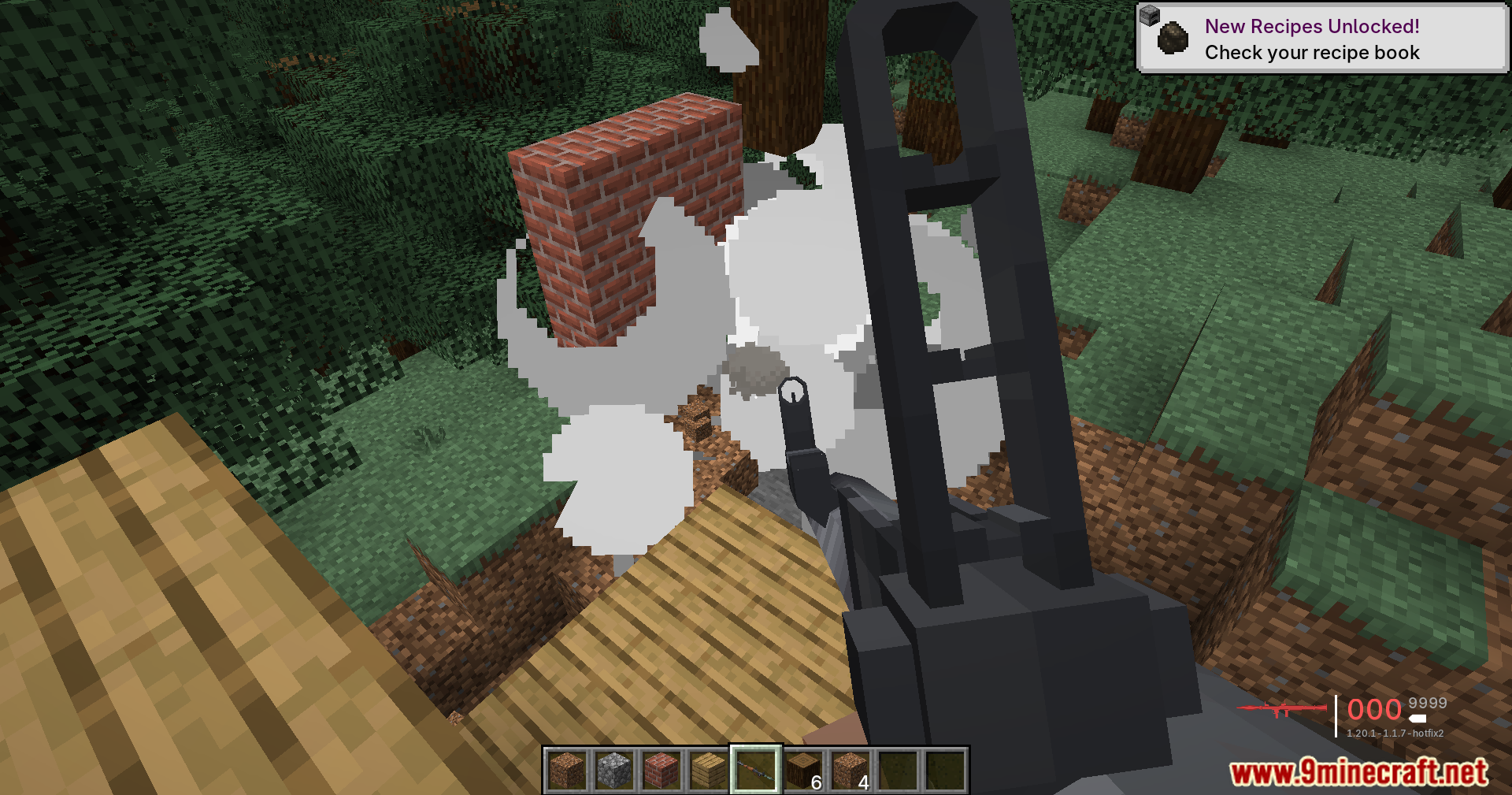Player firing a heavy weapon at reinforced brick blocks causing a large explosion