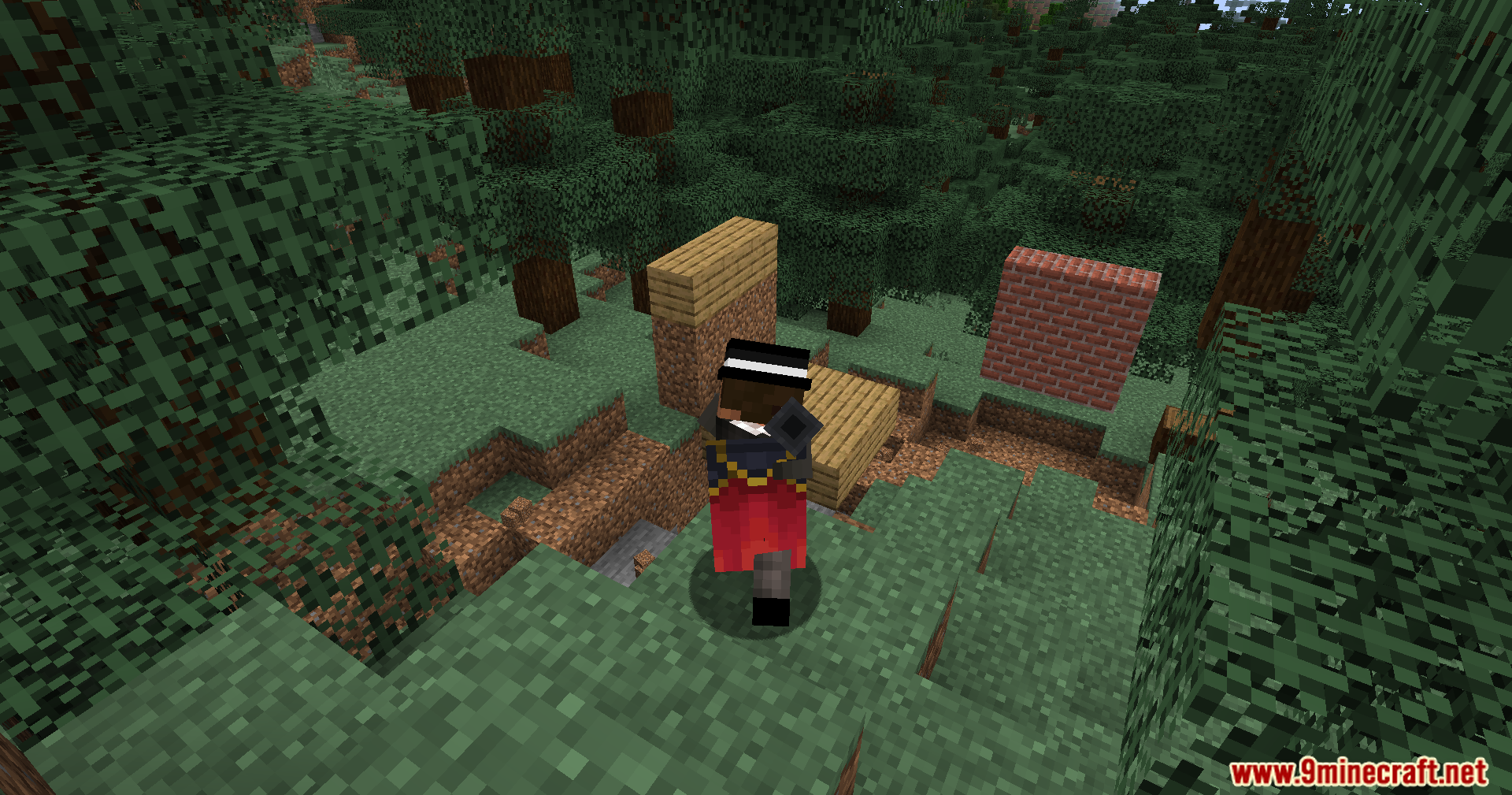 Character standing in a forest near several types of heavy bunker blocks