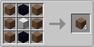 Crafting recipe for reinforced dirt blocks using dirt and obsidian and iron