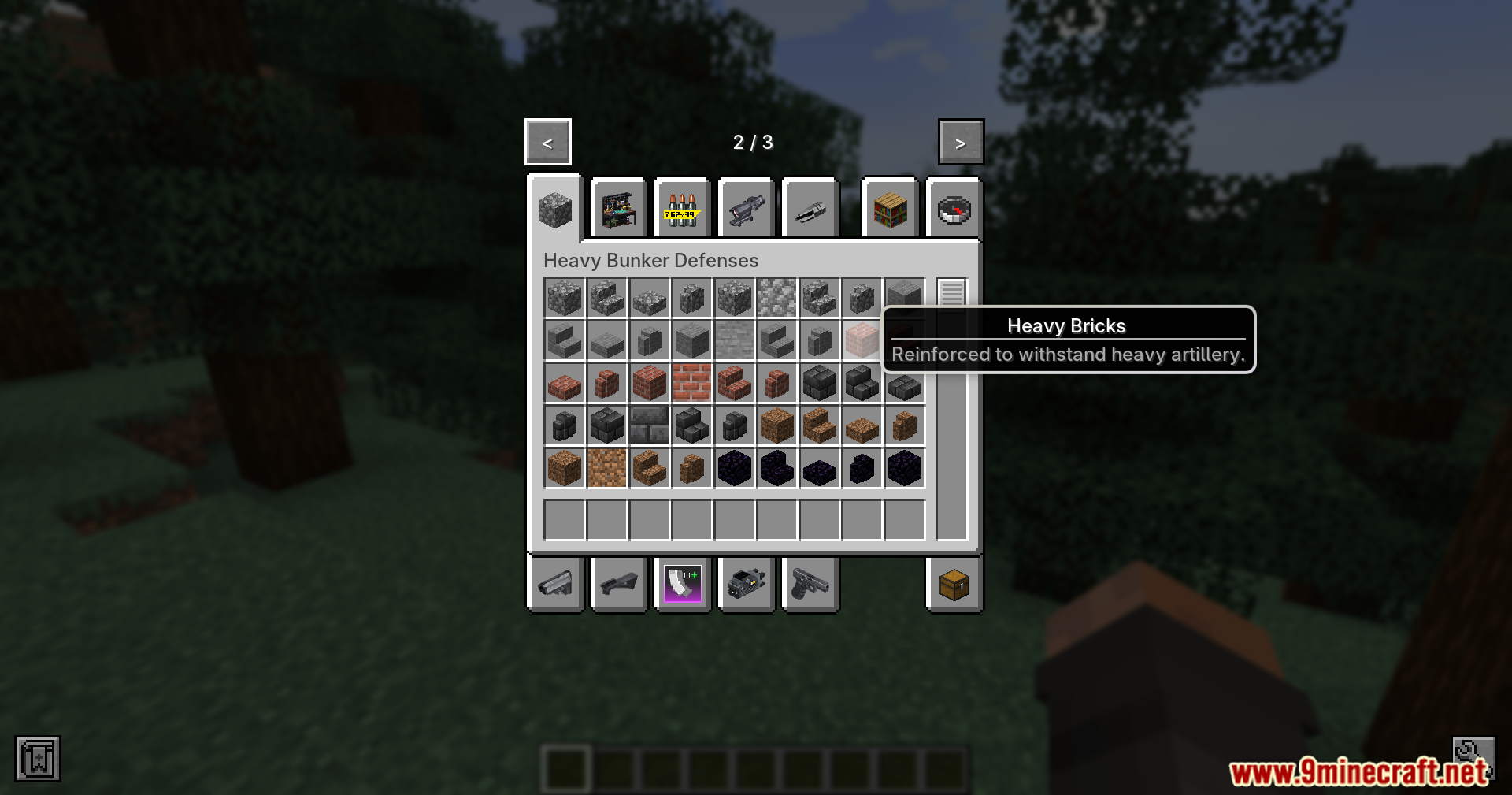 TACZ Heavy Bunker Mod creative inventory showing reinforced bricks for base defense