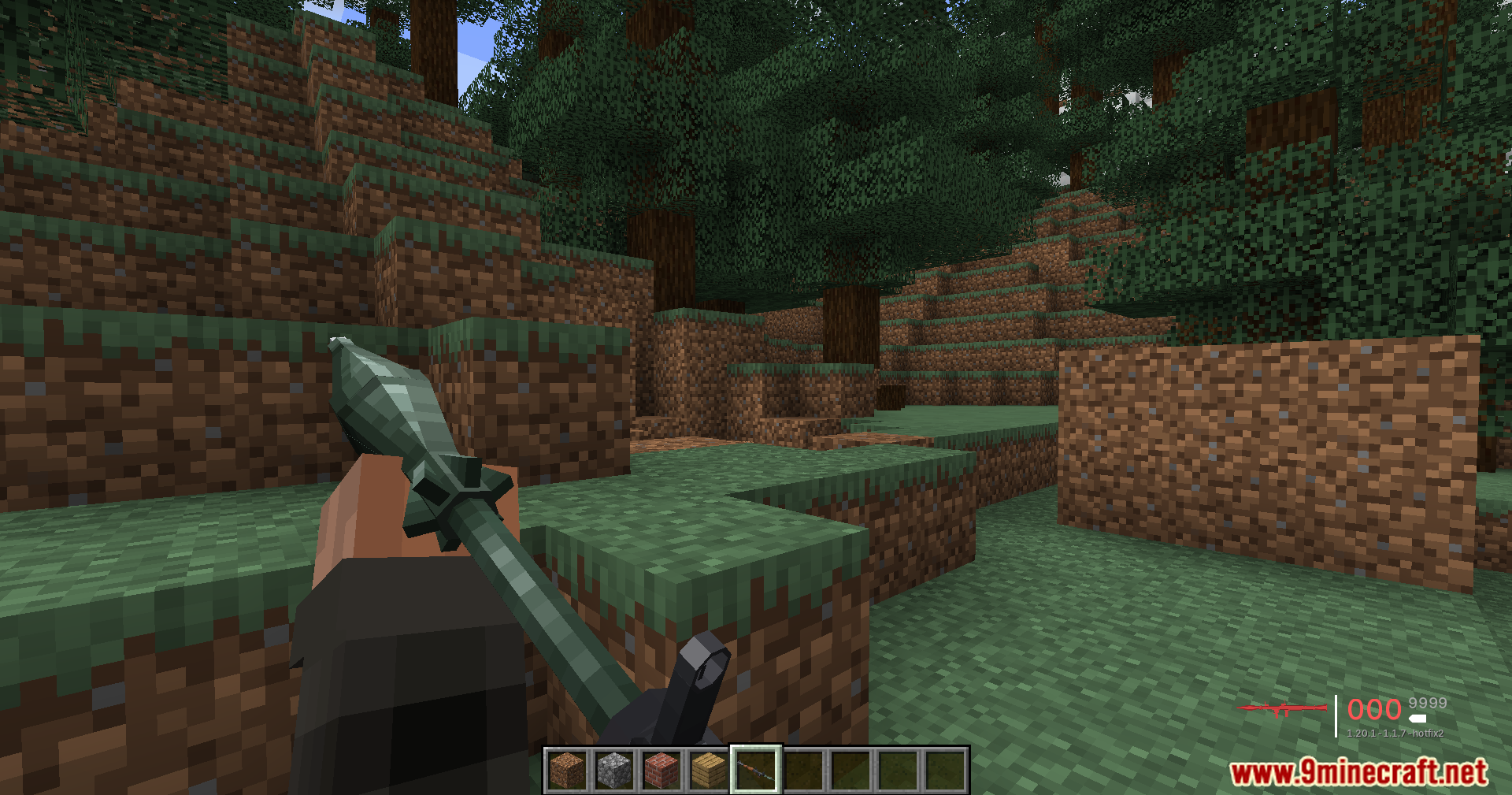 A player holds a rocket launcher weapon while exploring a spruce forest biome