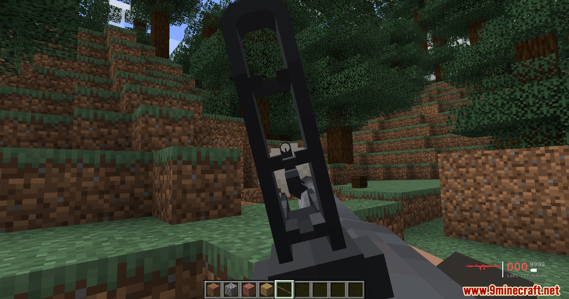 Player aiming a heavy weapon through iron sights in a forest