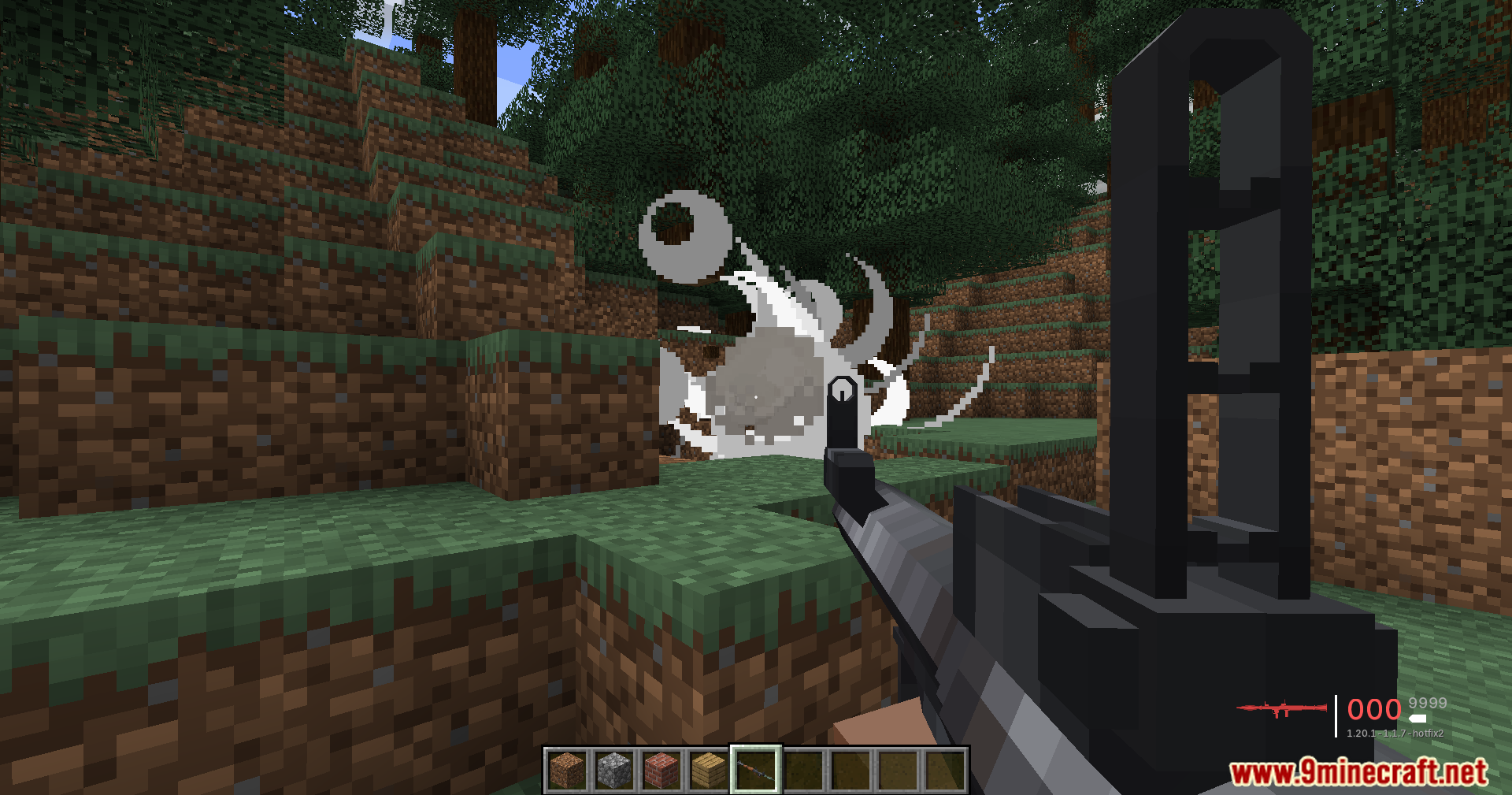 Massive explosion caused by a heavy weapon blast in the forest