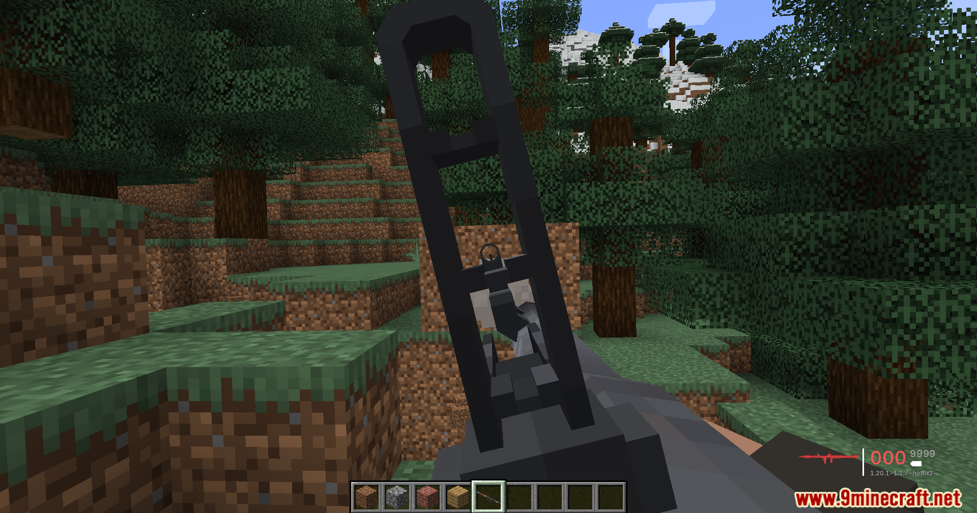 Player aiming down the sights of a gun in a Minecraft spruce forest